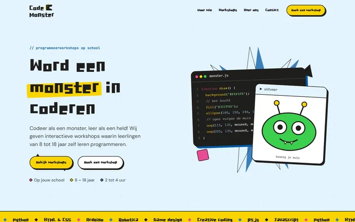 De homepage van CodeMonster met de kop Word een monster in coderen
