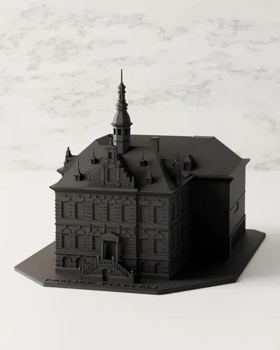 Model van het Raadhuis Kerkrade in mat zwart, met trapgevel en klokkentorentje